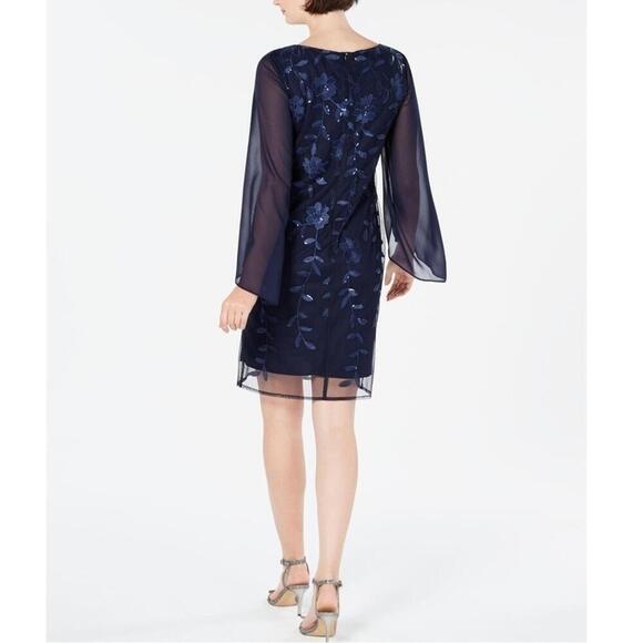 CONNECTED APPAREL Womens Navy Sequined Floral Long Sleeve Scoop Neck Dress - Picture 5 of 10